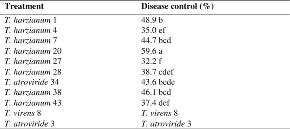 Table 4. Control of rice brown spot after foliar spray of Trichoderma isolates on Tarom cultivar *