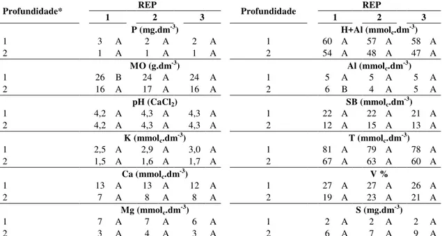 Tabela 5.  Valores médios para as propriedades químicas do solo de profundidade dentro de repetição sob  reflorestamento ciliar, aos 20 anos após o plantio