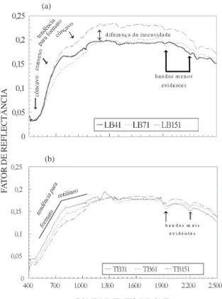 Figura 3. Curvas espectrais individuais de amostras do Latossolo Bruno (LB) e da Terra Bruna Estruturada (TB) da camada de 0-20 cm.