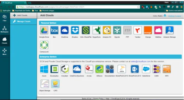 Figura 2.2: CloudFuze - Lista de clouds para adicionar