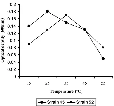 Figure 2. Effect of temperature on growth of strains 45 and 52. 