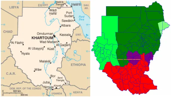 Figura 3 – Mapas do Sudão, mostrando a sua localização em África e a sua divisão em regiões (Norte  - verde escuro; Darfur – verde intermédio; Frente leste – verde claro; Sul – vermelho; Montanhas Nuba  e Nilo azul – roxo)