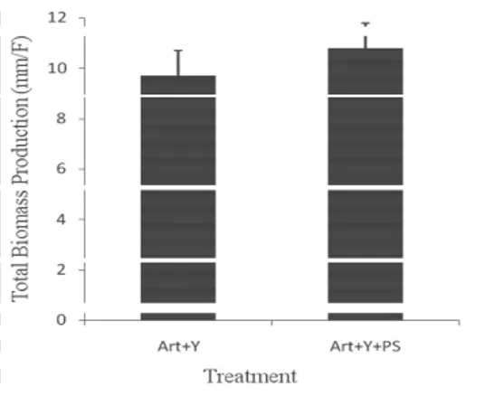 Figure 3.  Total Biomass Production of Artemia larvae: Artemia with  yeast (Art + Y); Artemia with yeast and bacteria (Art + Y+ PS)