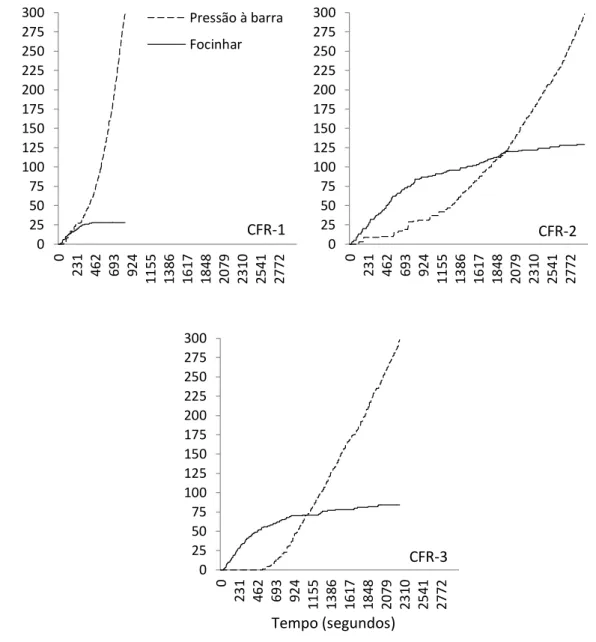 Figura 6 . Respostas acumuladas de pressão à barra e “focinhar” emitidas pelos sujeitos da  condição Contingente FR (CFR) na primeira sessão da Fase 2.