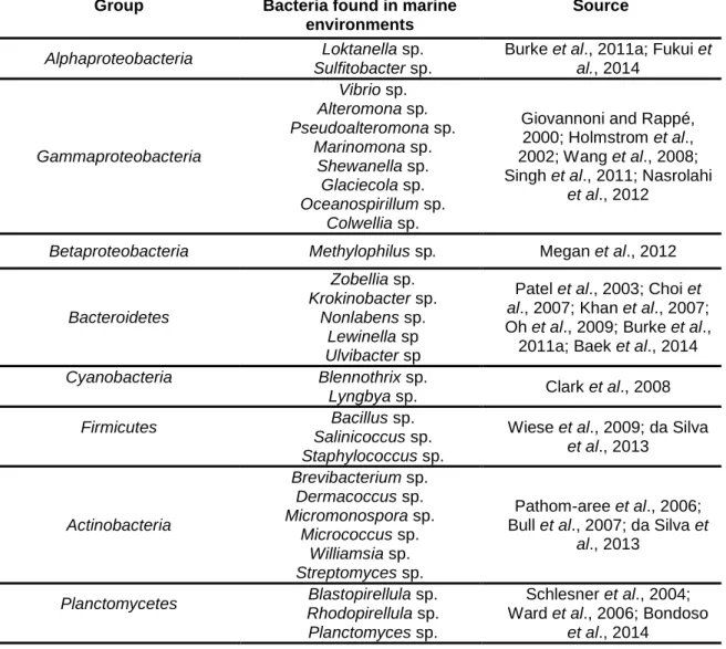 Table 1 – Some bacterial species found in marine ecosystems.  