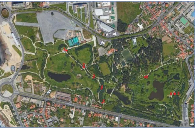 Figure 1. Parque da Cidade satellite aerial view marked with the sampling points (1-8) 
