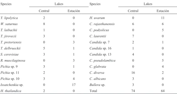 Table 3 - Species and number of isolates per species found in Central and Estación lakes.