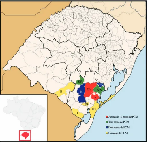 Figure 3 - Cities of origin for the patients with paracoccidioidomycosis diagnosed in pathology labs in the city of Pelotas, RS, Brazil (CA: Canguçu; P: