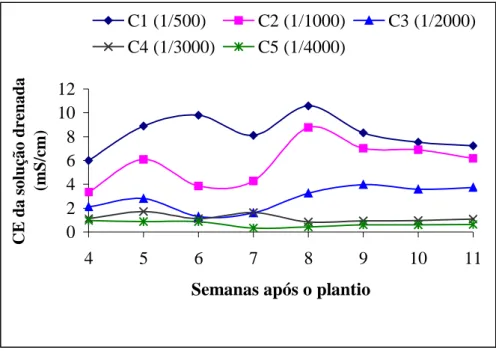 FIGURA 3. Evolução dos valores médios semanais de condutividade elétrica (CE) das  soluções drenadas durante o experimento, para as cinco concentrações de  soluções nutritivas (C1 a C5)