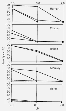 Figure 1 - Hemolytic activity of influenza viruses as a function of pH. The extent of hemolysis  in-dicates the fusion activity of the viruses on human, chicken,  rab-bit, monkey and horse  erythro-cytes