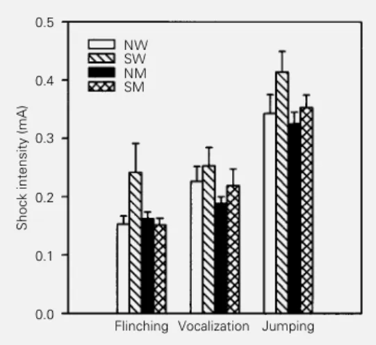 Figure 2 - Flinching, vocalization and jumping thresholds of the experimental groups submitted to electric shock at 70 days of age