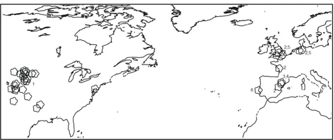 Fig. 9: Distribuição actual do táxon Pleurosternidae (Mapa B da Fig. 8). 1.         ​ Dinochelys whitei     e ​ Glyptops plicatulus