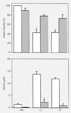 Figure 1 - Effect of macrophage activation on Giardia trophozoite killing (upper panel) and nitrite production (lower panel)