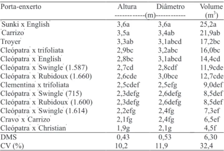 Tabela 3. Altura, diâmetro e volume das copas de laranjeira  'Valência', enxertada em híbridos de trifoliata, medidos aos  16 anos de idade (março de 2004)