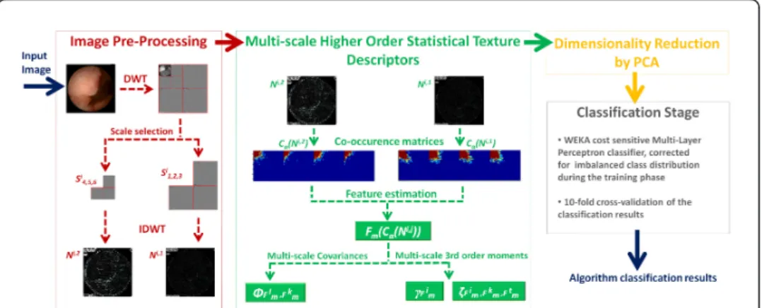 Figure 2 Algorithm Flowchart. Data flow throughout the algorithm key blocks. An initial pre-processing step is applied to the image in order to synthesize two images containing only the texture details corresponding to the medium and high frequency content