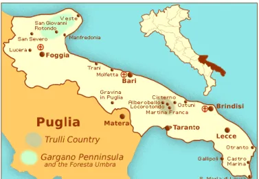FIGURE 4. The Apulia (or Puglia) Region of Italy.  Each  year the P.E. took a different route through the region,  stopping in 6 different places in 3 weeks