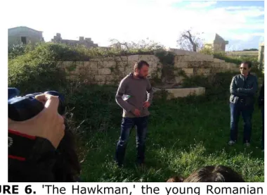 FIGURE 6. 'The Hawkman,' the young Romanian man  who  squatted  in  the  abandoned  Masseria,  talks  with  the  P.E