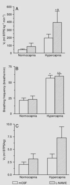 Figure 1C shows that during hypercapnia, the V T  of L-NAME group tended to be higher than in the control group, but the increase was not statistically significant.