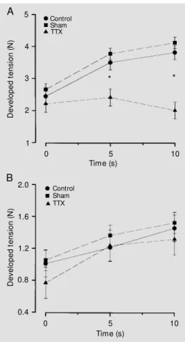 Figure 2A shows that, in contrast to the other groups, AF in the TTX-treated group did not change significantly from the value for the first contraction during the repetitive  stimu-lation