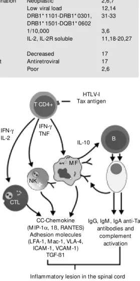 Table 1 - Characteristics of tropical spastic paraparesis/human T-cell leukemia type I-associated myelopathy (TSP/HAM ) and adult T-cell leukemia (ATL).