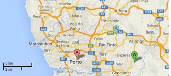 Figura 10 - Localização da Escola Secundária Carolina Michaëlis (indicada a vermelho), localidade de São  Pedro da Cova (indicada a verde), localidade de Ermesinde (indicado a azul) extraído de: Google Maps