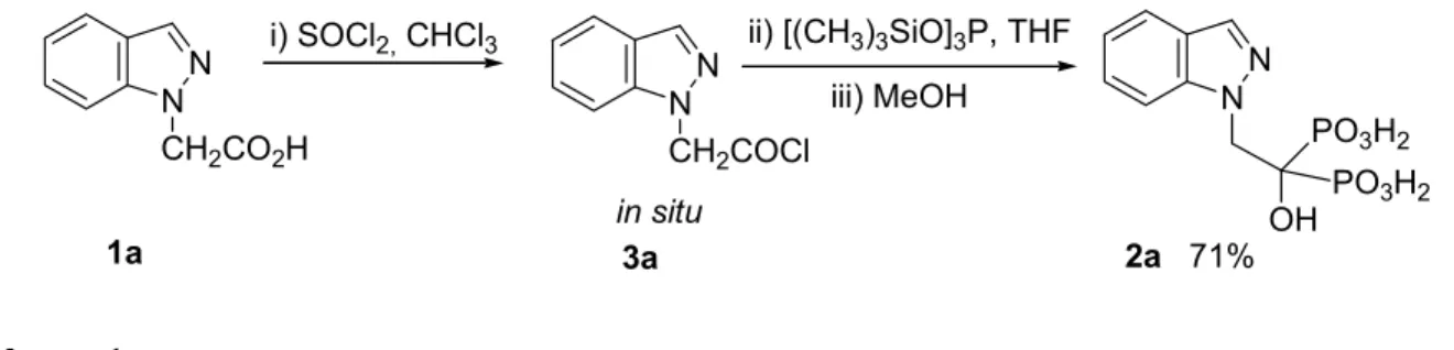 Table 2. Preparation of bisphosphonates 5a-e derived from indazole substituted at N-2 position  