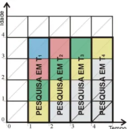Figura 7 –   Representação  gráfica  da  estrutura  de pesquisas prospectivas de múltiplas coortes  baseadas em estruturas de idade por período 