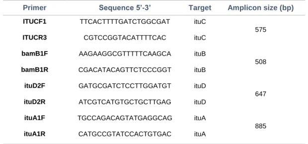 Table II-1: Oligonucleotide primers used to detect genetic markers for biological activity in bacteria  with antifungal potential