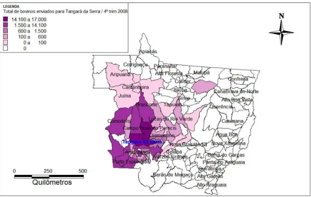 Figura 14. Trânsito de bovinos com finalidade de abate para Tangará da Serra-MT no quarto  trimestre de 2008