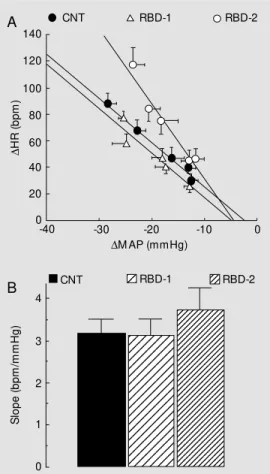 Figure 4 - A, Relationship be- be-tw een changes in mean arterial pressure (DM AP) and heart rate (DHR) follow ing increasing bolus doses of sodium nitroprusside in adult rats obtained by feeding dams a standard control diet  dur-ing pregnancy and nursdur-