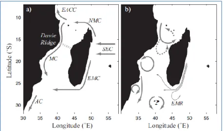 Figure 2: Regional oceanographic context of Maputo Bay; a) long-term flow conditions, b) variability in features