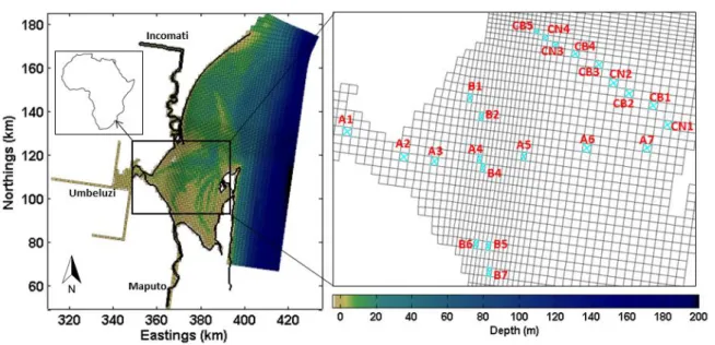 Figure 4: Bathymetry and grid of Maputo Bay. Blue circles indicate locations of observation stations used for the  calibration