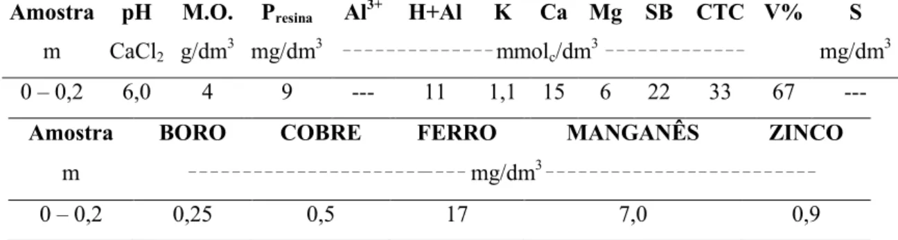 Tabela  1.  Resultados  de  análise  da  amostra  de  solo  para  macronutrientes  da  área  experimental obtida para a profundidade de 0-0,2 m, São Manuel–SP, 2011 