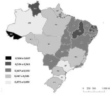 Figura 4 – Mapa do Brasil com índice Gini de distribuição de rendimento