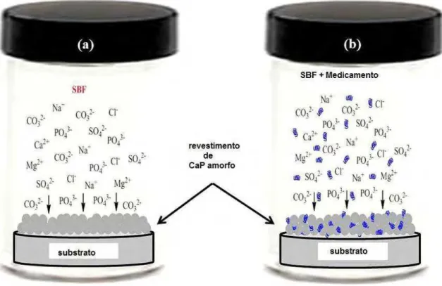 Figura 4  – Esquema de revestimento biomimético: a) revestimento biomimético simples  de  cálcio  amorfo  deficiente  de  apatita  carbonatada  para  o  SBF,  b)  co-precipitação  biomimética  de  fármaco/fator  de  crescimento  (adaptado  de  BOSE  e  TAR