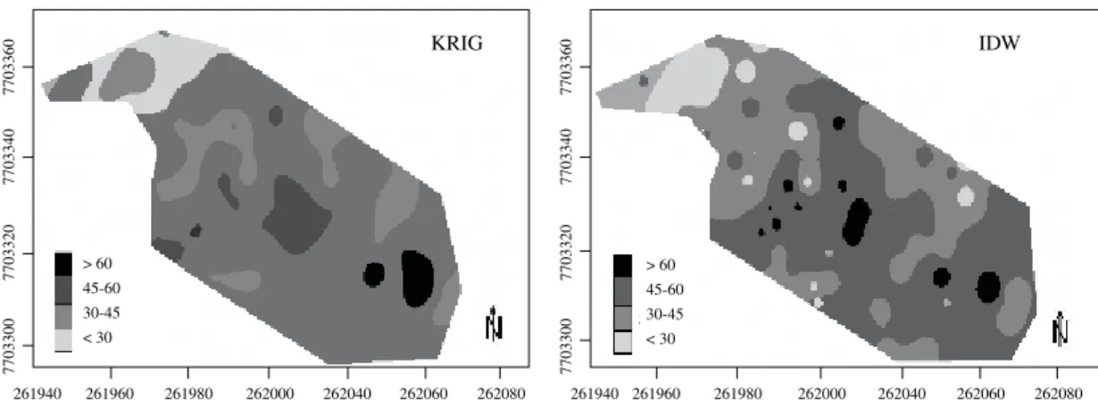 Figura 4. Mapas da variável V%, interpolado por krigagem (KRIG) e inverso do quadrado da distância (IDW).