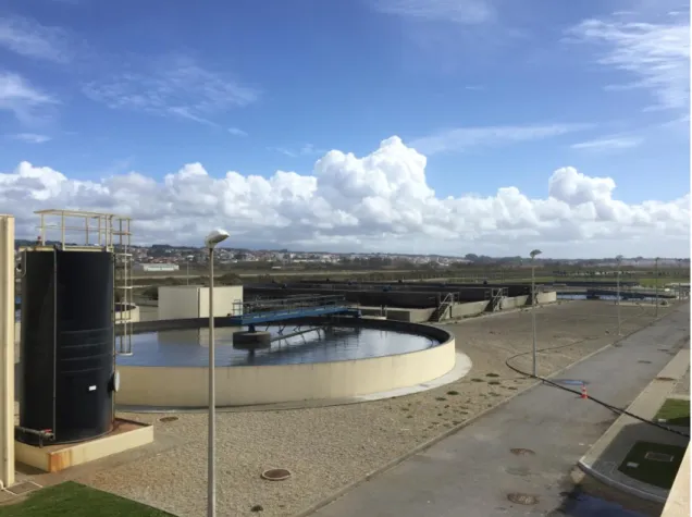 Figure 4.1-4: Espinho WWTP primary clarifier, biological reactor and secondary clarifier in the  back