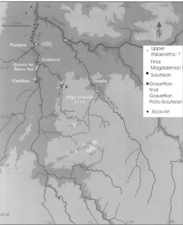 FIGURE  5.  Distribution  m a p s   of  rock art and upper Palaeolithic settlement in the Douro