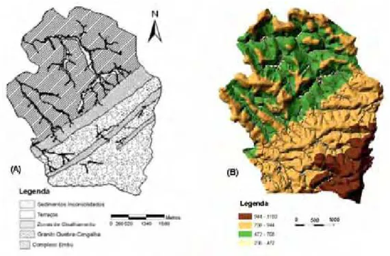 FIGURA 4 (A) Mapa  geológico simplificado da área de estudo (fonte: Rodriguez e  Milanezi,2005); (B)  Modelo digital das três formas de relevo na fazenda Santa Edwirges: 