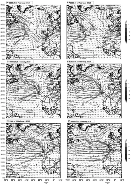 Figure 1. Wind flow (m s −1 ), Geopotential height (m) in contours and divergence ( × 10 −5 s −1 , shaded) at the 850 hPa level for different timings from ECMWF IFS data.
