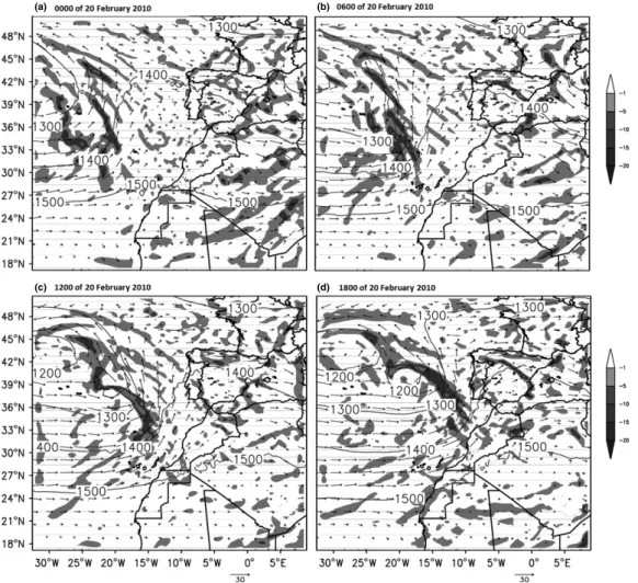 Figure 7. Model wind flow (m s − 1 ), geopotential height (meters, in contours) and divergence ( × 10 − 5 s − 1 , in shaded) at 850 hPa level from 27 km domain for the experiment with Kessler scheme.