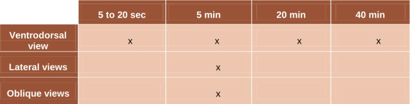 Table 1 – Different  views and timings to be followed after intravenous injection of contrast in IVU (Adapted    