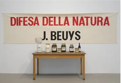Figura 8- Joseph Beuys, Difesa Della Natura (1982); garrafa de vinho e frascos de fruta e legumes com o  rótulo da Universidade Livre Internacional, escultura de gesso e pedra