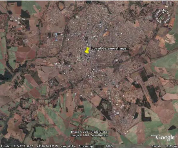 Figura 3 - Imagem obtida por satélite de Araraquara e os canaviais que circundam a cidade,  a seta aponta o local onde os filtros foram coletados