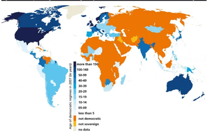 Figure 8. World map of the age of democratic regimes – years before 2007 since the (last) transition to a democratic regime