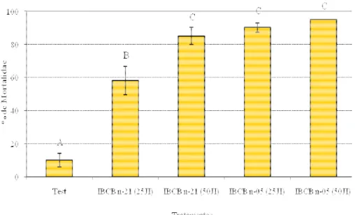 Figura 5.  Mortalidade de larvas de Bradysia mabiusi expostos a Heterorhabditis  indica e  Steinernema feltiae, nas dosagens de 25 e 50 JI/cm 2 , em laboratório (T=25 ± 1ºC, UR=70 ±  10% e fotofase de 12 horas)