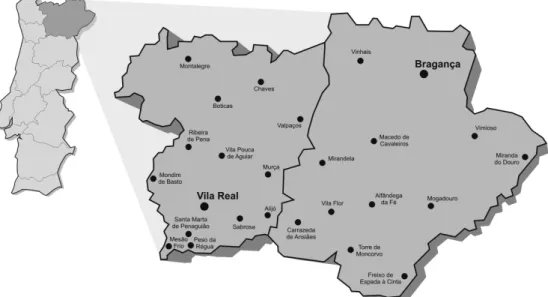 Figura 1  –  Localização de Trás-os-Montes em Portugal e principais núcleos demográfi- demográfi-cos