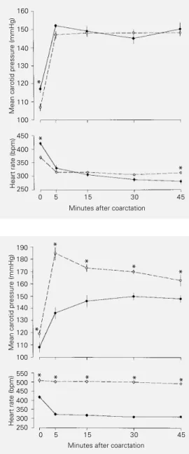 Figure 1 - Mean carotid pres- pres-sure (upper panel) and heart rate (lower panel) responses to acute aortic coarctation in  con-scious unrestrained intact rats submitted to total (continuous line) or partial (broken line)  aor-tic constriction