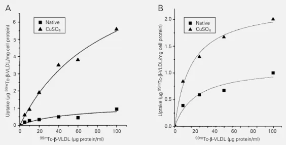 Figure 4 - Uptake of  99m Tc-nat- Tc-nat-ß-VLDL and  99m Tc-ox-ß-VLDL by THP-1 macrophages (A) and rabbit monocyte-derived  mac-rophages (B)