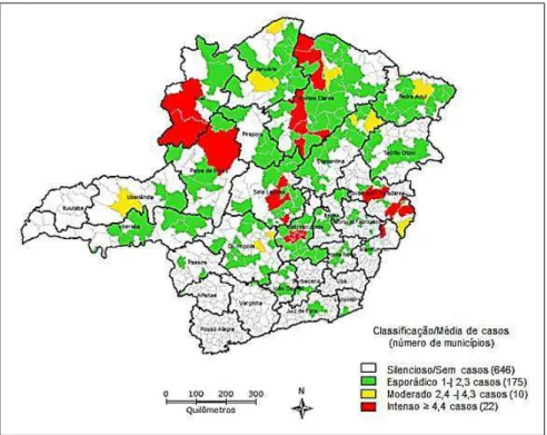 Figura 3 - Classificação de áreas de transmissão para LV,   segundo  município  de  residência  e  ano  de  notificação,  Minas Gerais, 2008-2012